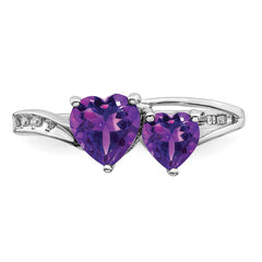 Sterling Silver Rhodium Plated Diamond and Amethyst Heart Ring - 3