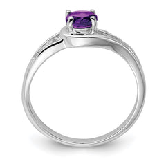 Sterling Silver Rhodium Plated Diamond and Amethyst Round Ring - 4