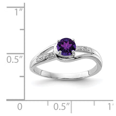 Sterling Silver Rhodium Plated Diamond and Amethyst Round Ring - 6