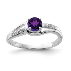 Sterling Silver Rhodium Plated Diamond and Amethyst Round Ring - 5