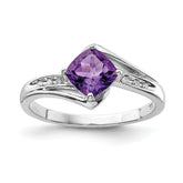Sterling Silver Rhodium Plated Diamond and Amethyst Square Ring - 4