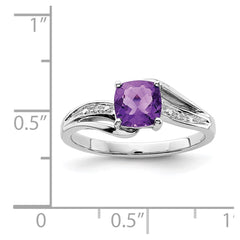 Sterling Silver Rhodium Plated Diamond and Amethyst Square Ring - 6