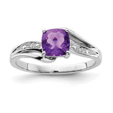 Sterling Silver Rhodium Plated Diamond and Amethyst Square Ring - 6
