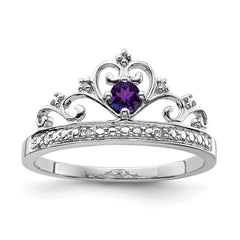Sterling Silver Rhodium Plated Diamond and Amethyst Ring - 6
