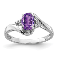 Sterling Silver Rhodium Plated Diamond and Amethyst Oval Ring - 11
