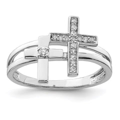 Sterling Silver Rhodium Plated Diamond Crosses Ring - 3