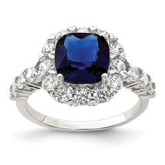 Sterling Silver Rhodium-plated Polished Blue Glass and CZ Ring - 3