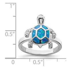 Sterling Silver Rhodium-plated Created Blue Opal Turtle Ring - 2