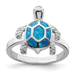 Sterling Silver Rhodium-plated Created Blue Opal Turtle Ring - 2
