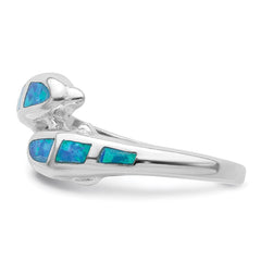 Sterling Silver Rhodium-plated Created Blue Opal Dolphins Ring - 2
