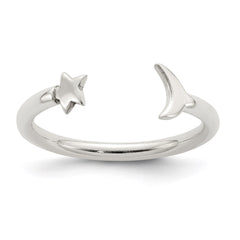 Sterling Silver Polished Half Moon and Star Adjustable Ring