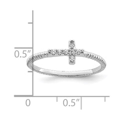 Sterling Silver Rhodium-plated Polished & Textured CZ Cross Ring - 4