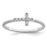 Sterling Silver Rhodium-plated Polished & Textured CZ Cross Ring - 5