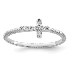 Sterling Silver Rhodium-plated Polished & Textured CZ Cross Ring - 5
