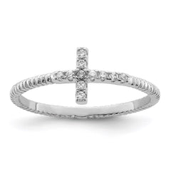 Sterling Silver Rhodium-plated Polished & Textured CZ Cross Ring - 6