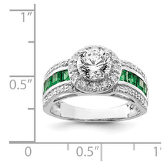 Sterling Silver Rhodium-plated CZ and Lab Created Emerald Ring