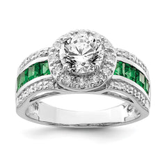 Sterling Silver Rhodium-plated CZ and Lab Created Emerald Ring - 3