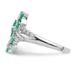 Sterling Silver Rhodium-plated 3 Flower Emerald and Diamond Ring - 2