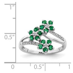 Sterling Silver Rhodium-plated 3 Flower Emerald and Diamond Ring - 2