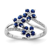 Sterling Silver Rhodium-plated 3 Flower Sapphire and Diamond Ring - 2