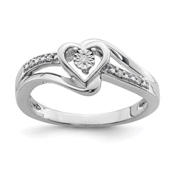 Sterling Silver Rhodium Plated Diamond Heart Ring - 9