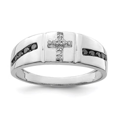 Sterling Silver Rhodium Plated Black and White Diam. Cross Men's Ring - 3