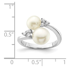 Sterling Silver Rhodium-plated 8-9mm White Button Freshwater Cultured Pearl and CZ Ring - 8