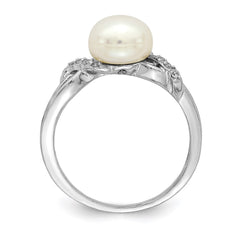 Sterling Silver Rhodium-plated 8-9mm White Button Freshwater Cultured Pearl and CZ Ring - 11