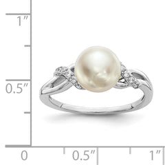 Sterling Silver Rhodium-plated 8-9mm White Button Freshwater Cultured Pearl and CZ Ring - 11