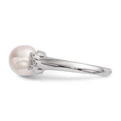 Sterling Silver Rhodium-plated 8-9mm White Button Freshwater Cultured Pearl and CZ Ring - 12