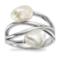 Sterling Silver Rhodium-plated 7-8mm White Baroque Freshwater Cultured Pearl Ring - 2