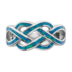 Sterling Silver Rhodium-plated Lab Created Blue Opal Inlay Celtic Knot Ring - 2