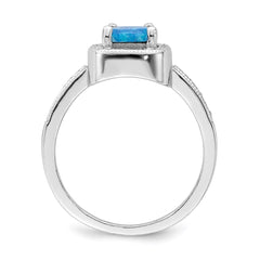 Sterling Silver Rhodium-plated Square Blue Created Opal CZ Ring - 3