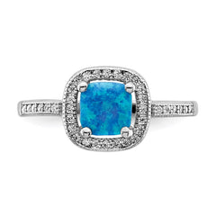Sterling Silver Rhodium-plated Square Blue Created Opal CZ Ring - 3