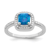 Sterling Silver Rhodium-plated Square Blue Created Opal CZ Ring - 3