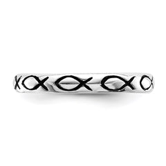 Sterling Silver Rhodium-plated Polished Antiqued Ichthus Ring - 3