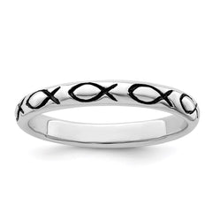 Sterling Silver Rhodium-plated Polished Antiqued Ichthus Ring - 2
