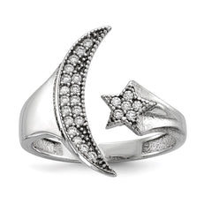 Sterling Silver Rhodium-plated CZ Moon w/Star Polished Ring - 3