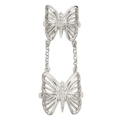 Sterling Silver Polished CZ Butterfly Double Finger Ring - 3