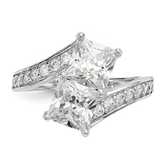 Sterling Silver Rhodium-plated CZ Two Stone Square Bypass Ring - 2