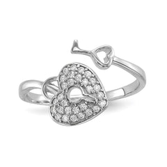 Sterling Silver Rhodium-plated CZ Heart Lock and Key Ring - 2