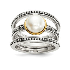 Sterling Silver w/14k Antiqued 8mm Button FWC Pearl Set of 3 Rings - 3