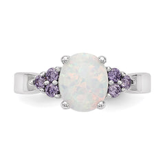 Sterling Silver Rhodium-plated Oval Created Opal w/Purple CZ Ring
