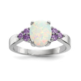 Sterling Silver Rhodium-plated Oval Created Opal w/Purple CZ Ring - 3