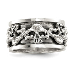 Sterling Silver Polished Spinning Center Antiqued Skull Ring - 5