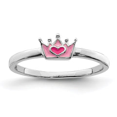 Sterling Silver Rhodium-plated Polished Pink Enamel Crown Children's Ring - 2