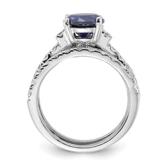 Sterling Silver Rhodium-plated 8mm Blue CZ Engagement Ring and White CZ Wedding Band Set - 2