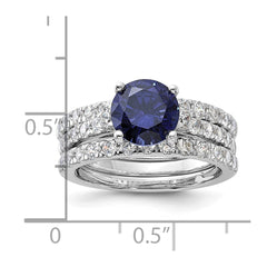 Sterling Silver Rhodium-plated 8mm Blue CZ Engagement Ring and White CZ Wedding Band Set - 2