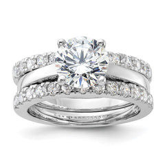 Sterling Silver Rhodium-plated 8mm CZ Solitaire & 2 CZ Bands Set - 2