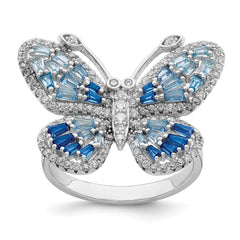Sterling Silver Rhodium-plated Polished Blue & White CZ Butterfly Ring - 3
